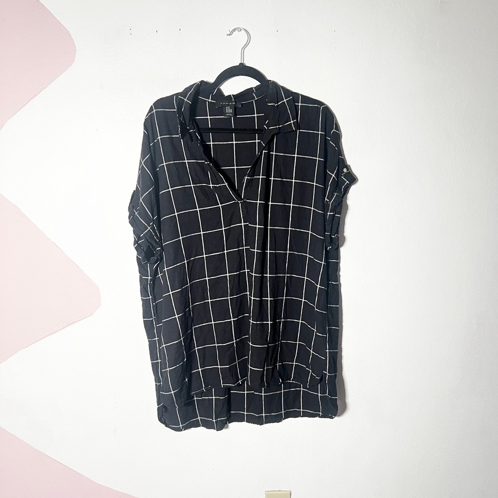 Tahari Tunic Top Womens 2X Black Windowpane Linen Blend Boho